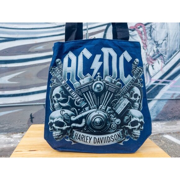 HARLEY DAVIDSON AC/DC Vintage Tote Bag - Navy Blue With Retro Graphic Print - Picture 1 of 5